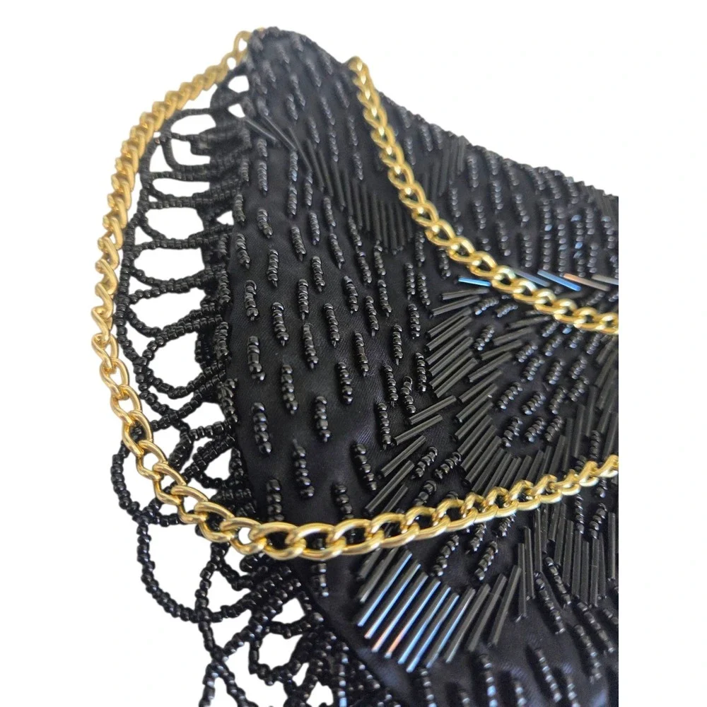 Black Beaded Vintage Purse Evening Bag Korea Double Chain Strap Lined‎ Tassels